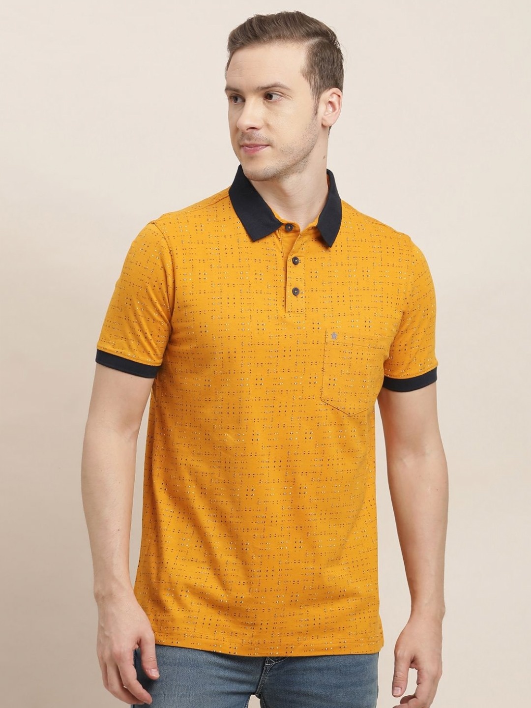 

Turtle Men Abstract Printed Polo Collar Pure Cotton Slim Fit T-shirt, Mustard