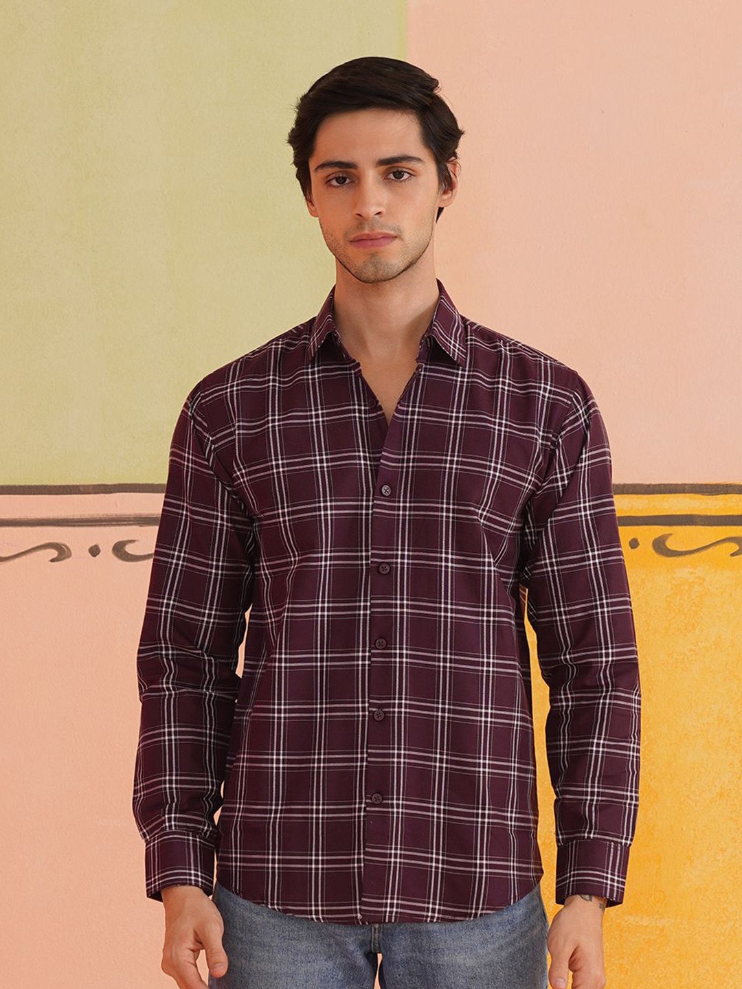 

Indian Needle Men Classic Spread Collar Tartan Checked Cotton Casual Shirt, Purple