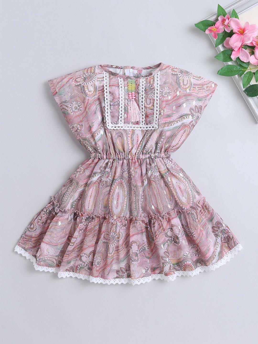 

The Magic Wand Girls Ethnic Motifs Printed Fit & Flare Dress, Peach