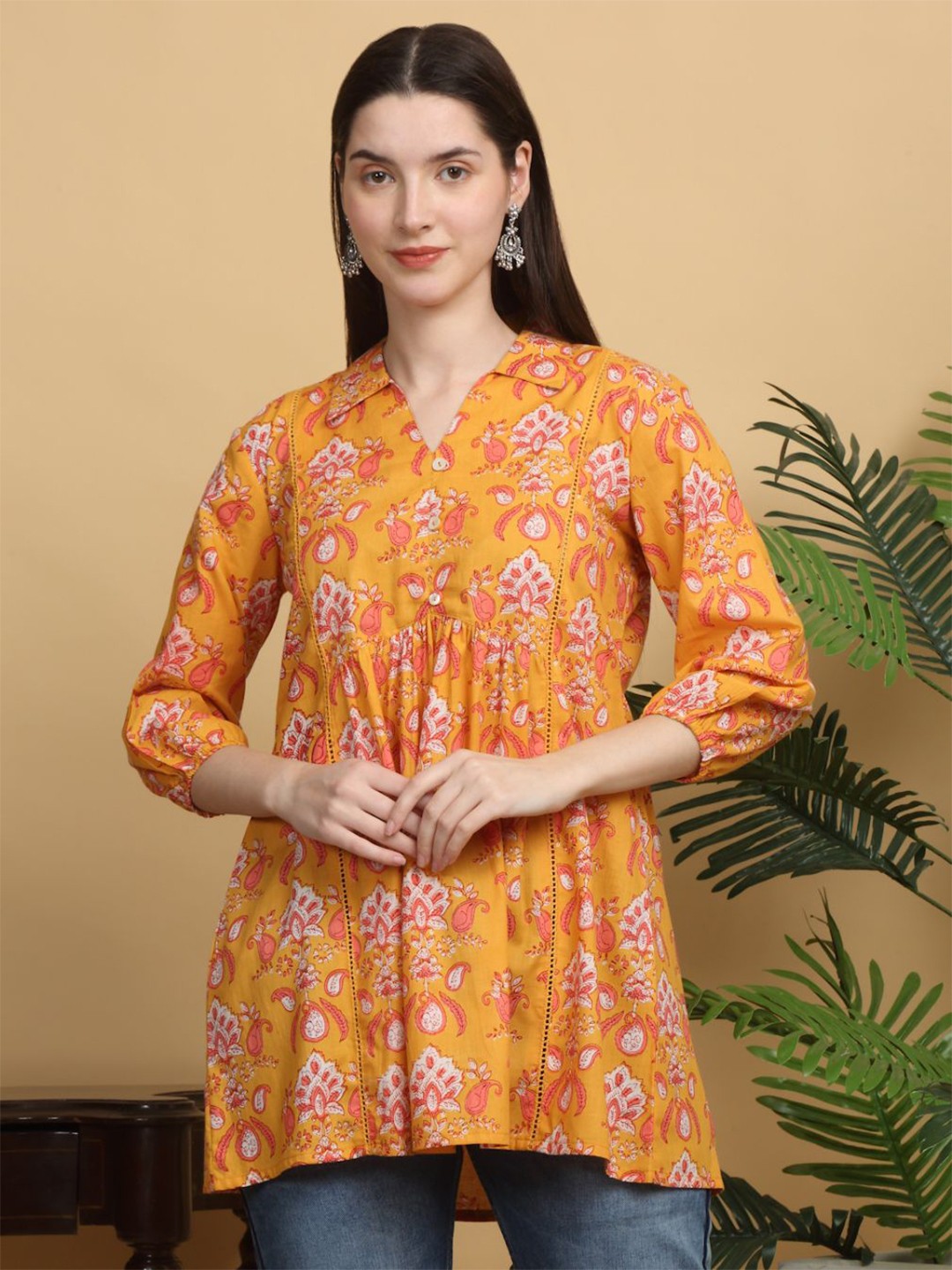 

KALINI Floral Print Cotton Top, Yellow