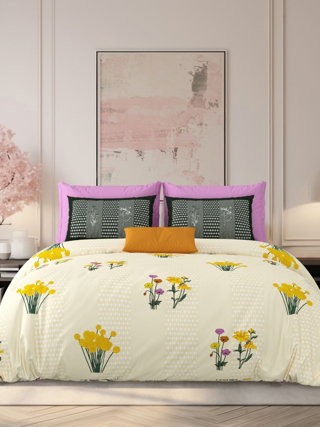 

LIVING ROOTS Yellow & Pink Floral Printed Pure Cotton 210 TC King Bedsheet Set