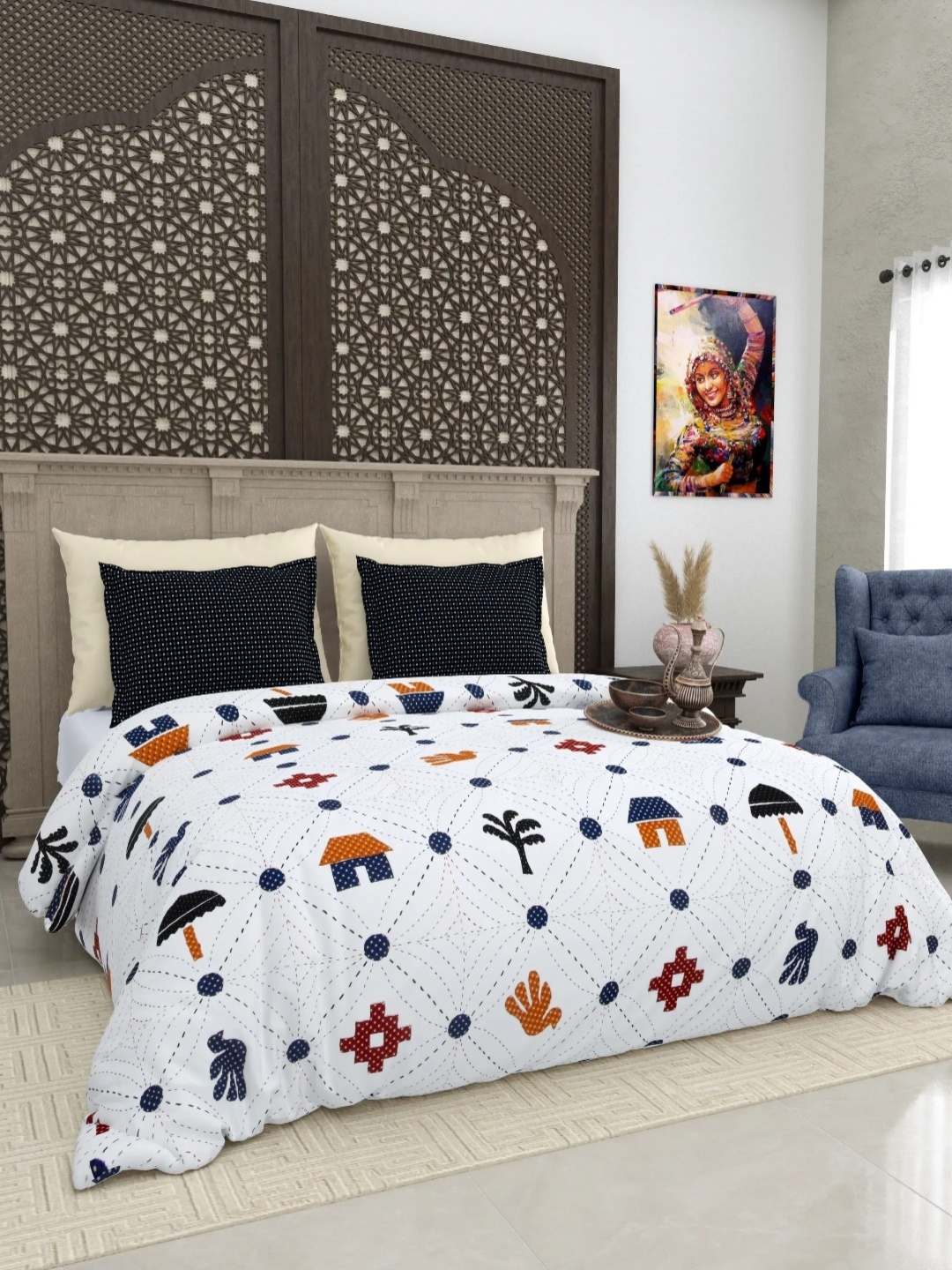 

LIVING ROOTS White & Navy Blue Floral 210 TC King Bedsheet with 2 Pillow Covers