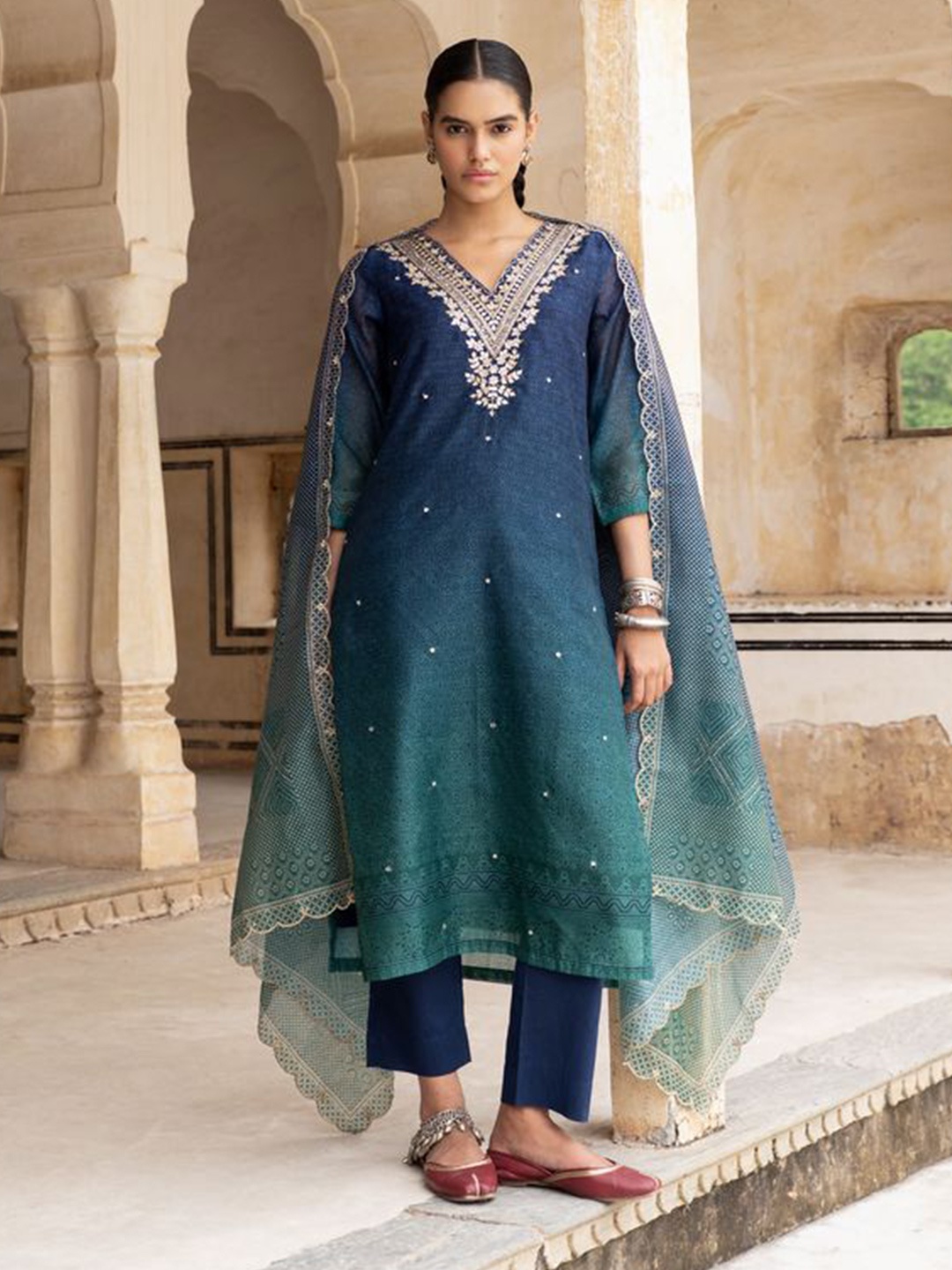 

KARAJ JAIPUR Ombre Embroidered Regular Chanderi Cotton Kurta with Trousers & Dupatta, Blue