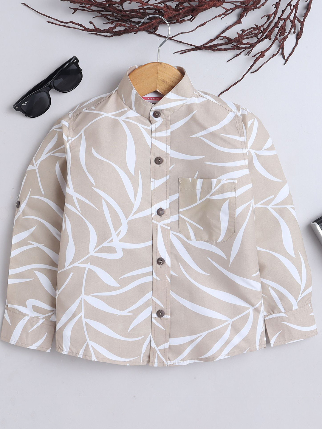 

BAATCHEET Boys Band Collar Floral Printed Cotton Casual Shirt, Beige