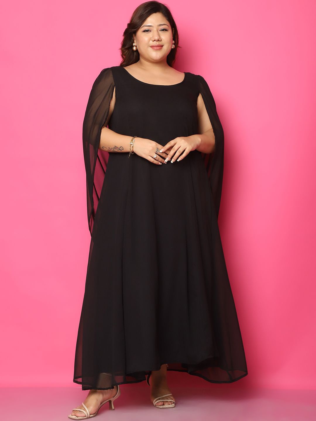 

theRebelinme Slit Sleeve Georgette A-Line Maxi Dress, Black