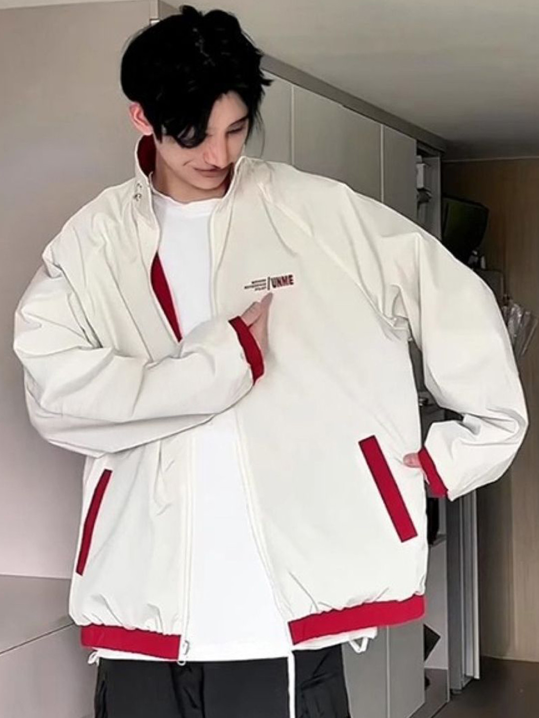 

HERE&NOW Men Mock Collar Typography Printed Casual Bomber Jacket, White
