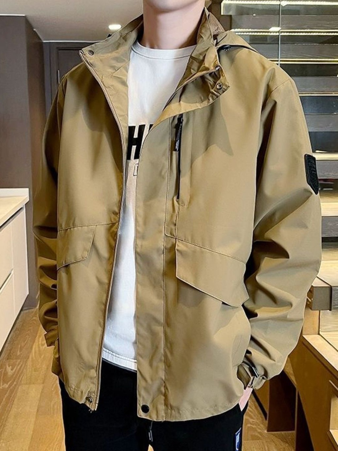 

HERE&NOW Men Double Collar Solid Casual Tailored Jacket, Khaki