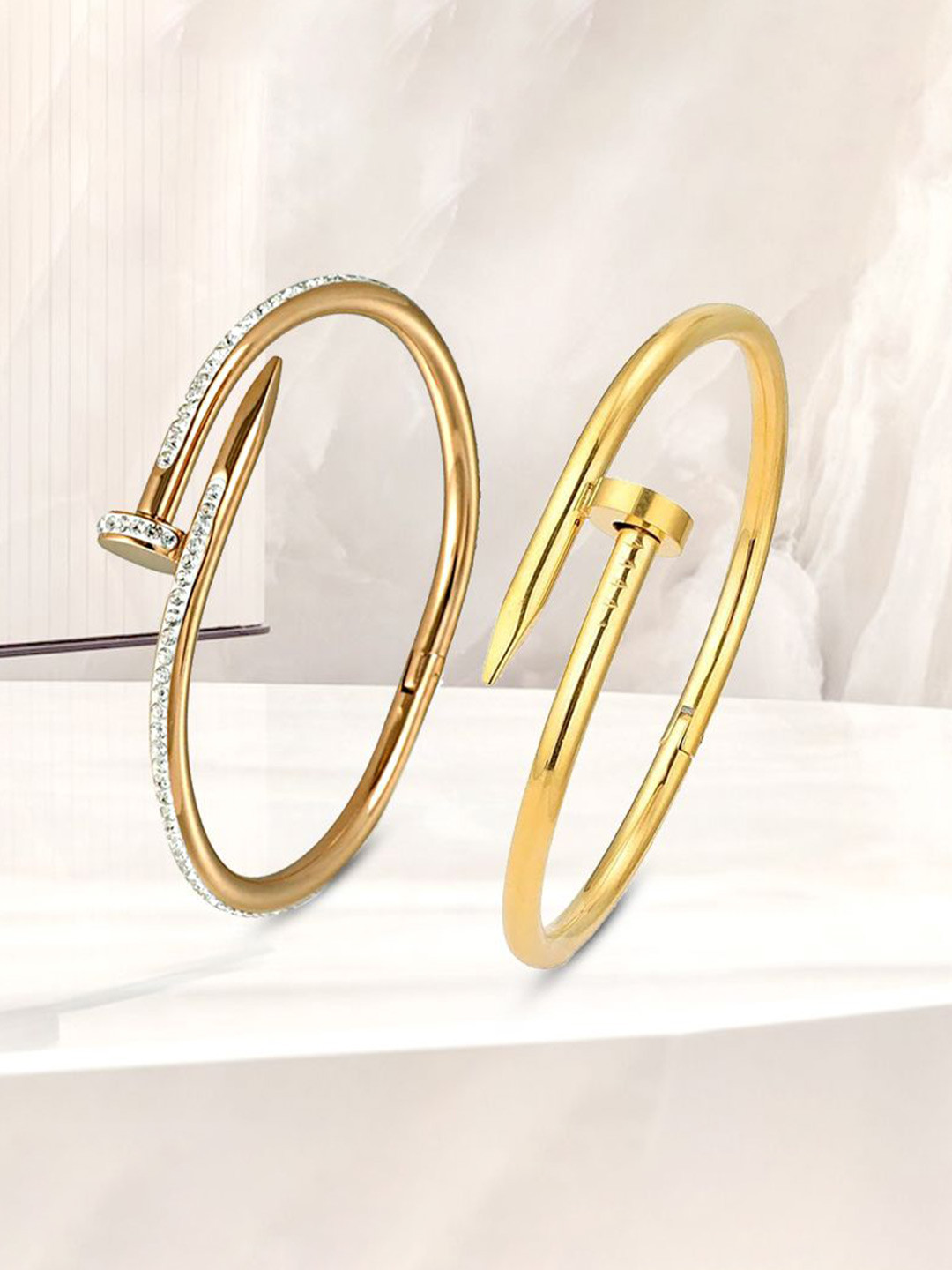 

MEENAZ Set of 2 Gold-Plated AD-Stone Studded Stainless Steel Anti Tarnish Kada Bracelets