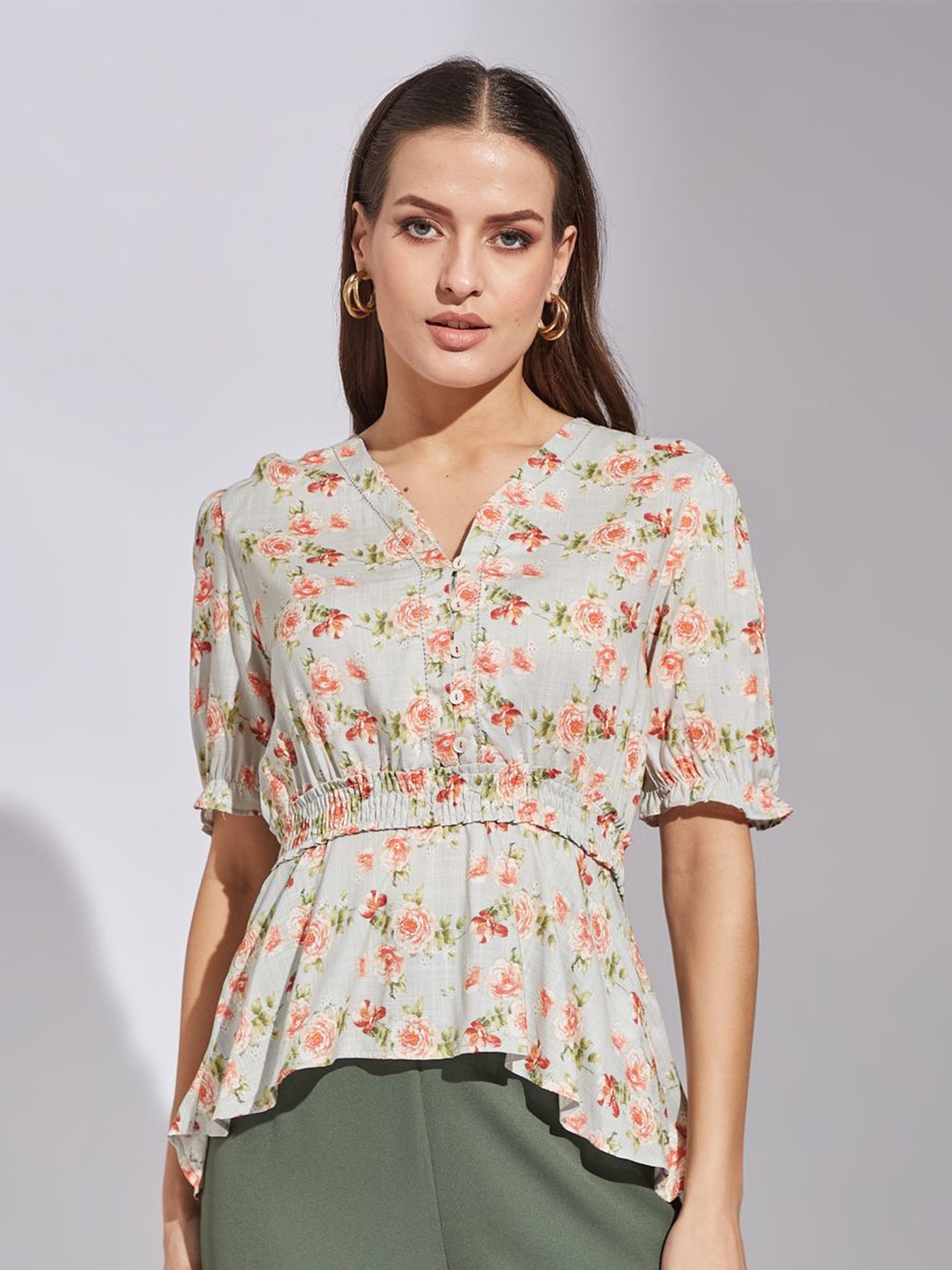 

Latin Quarters Women Floral Printed Cinched Waist Top, Green