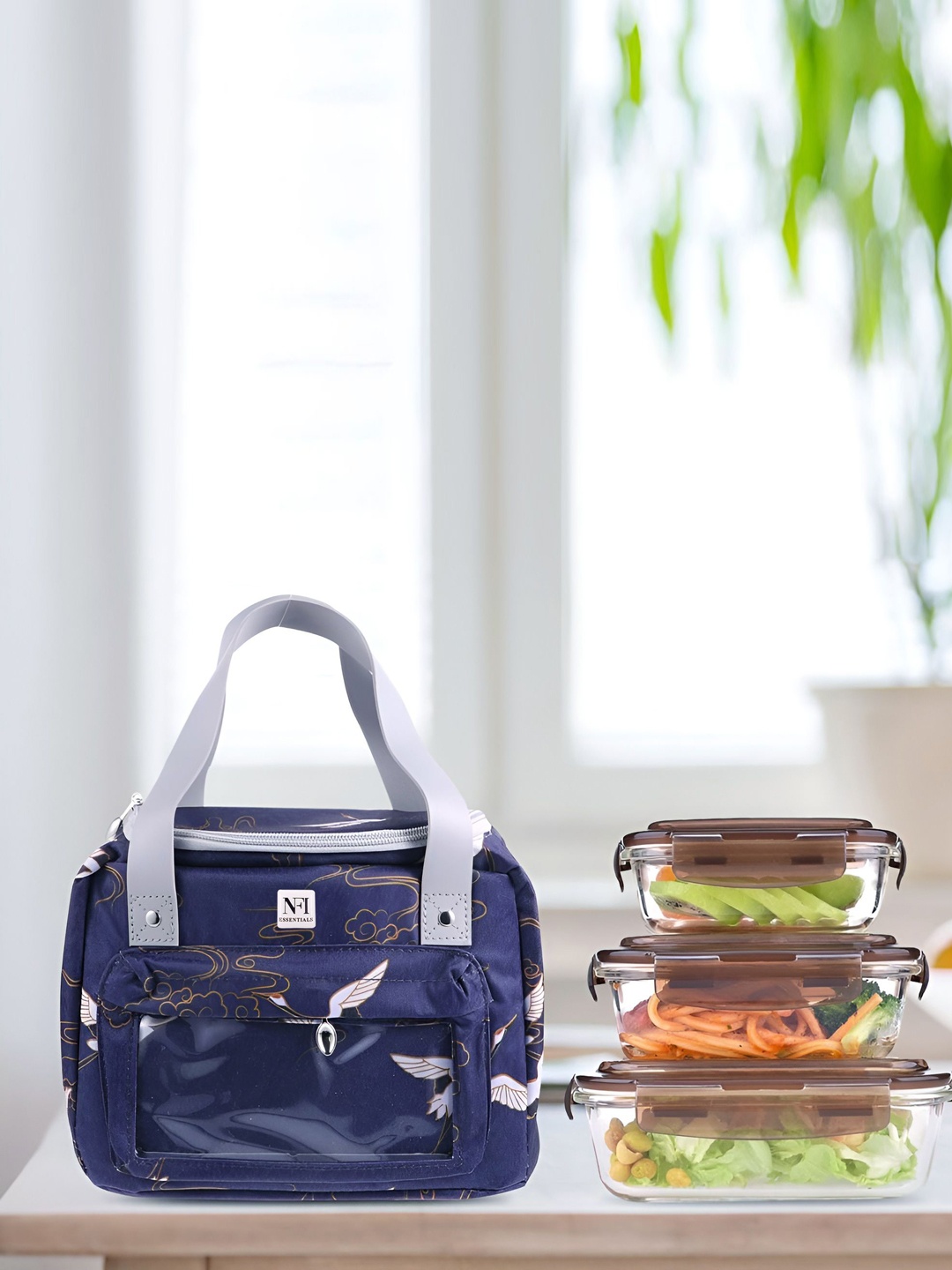 

NFI essentials Adults Printed Insulated Lunch bags Travel Accessory, Navy blue