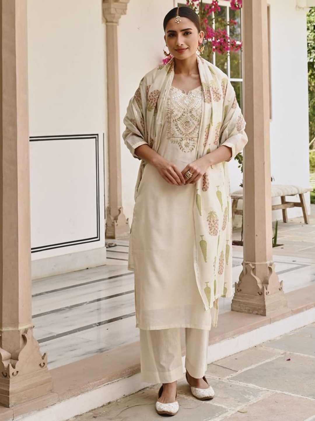 

KARAJ JAIPUR Floral Embroidered Chanderi Cotton Kurta With Trousers & Dupatta, Cream