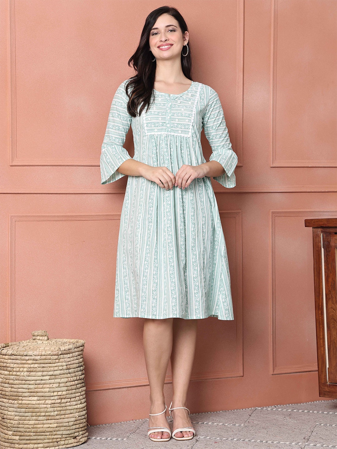 

Roly Poly Striped Bell Sleeve A-Line Dress, Sea green