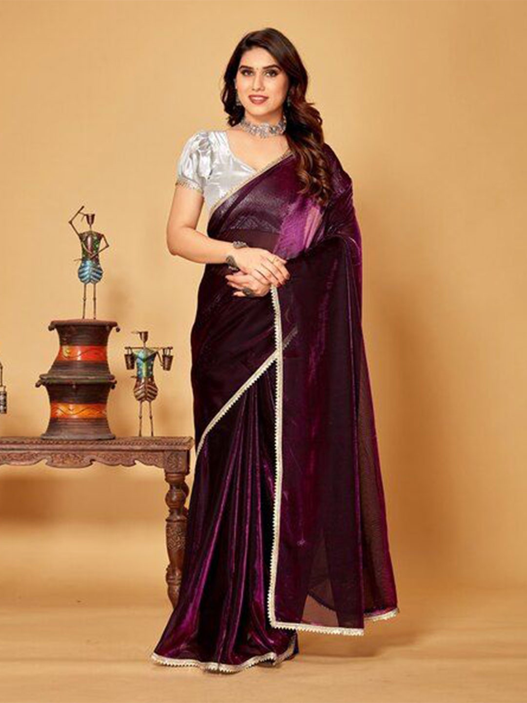 

VRAGI Sequinned Maheshwari Saree, Purple