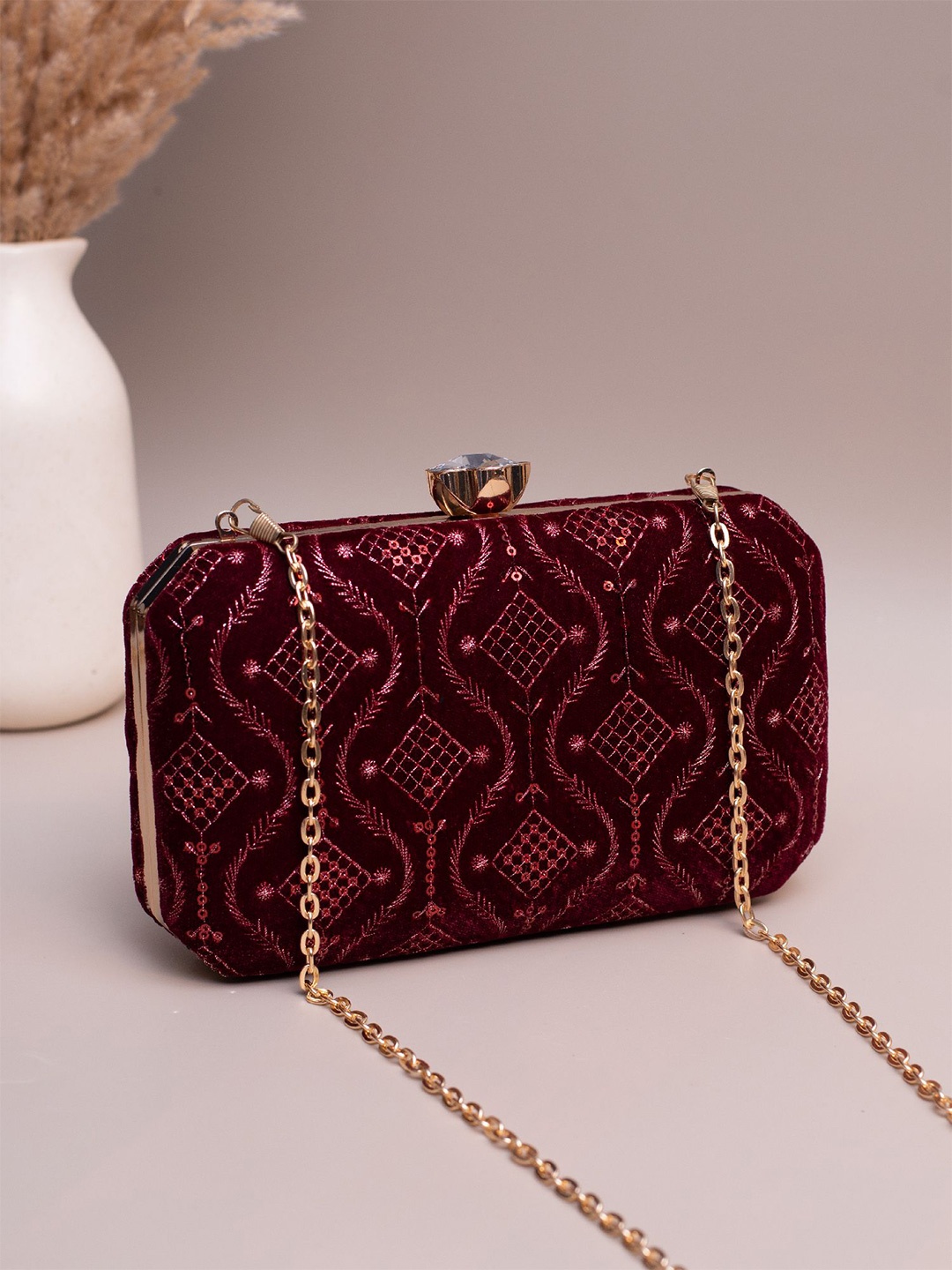 

ARTKLIM Embroidered Sequins Box Clutch, Maroon