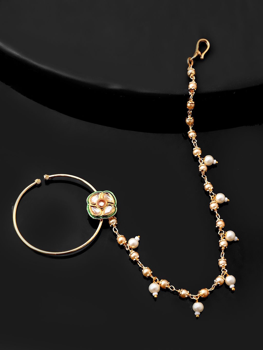 

Voylla Gold-Plated Cubic Zirconia & Kundan Elegance Royal Blossom Chained Nosepin