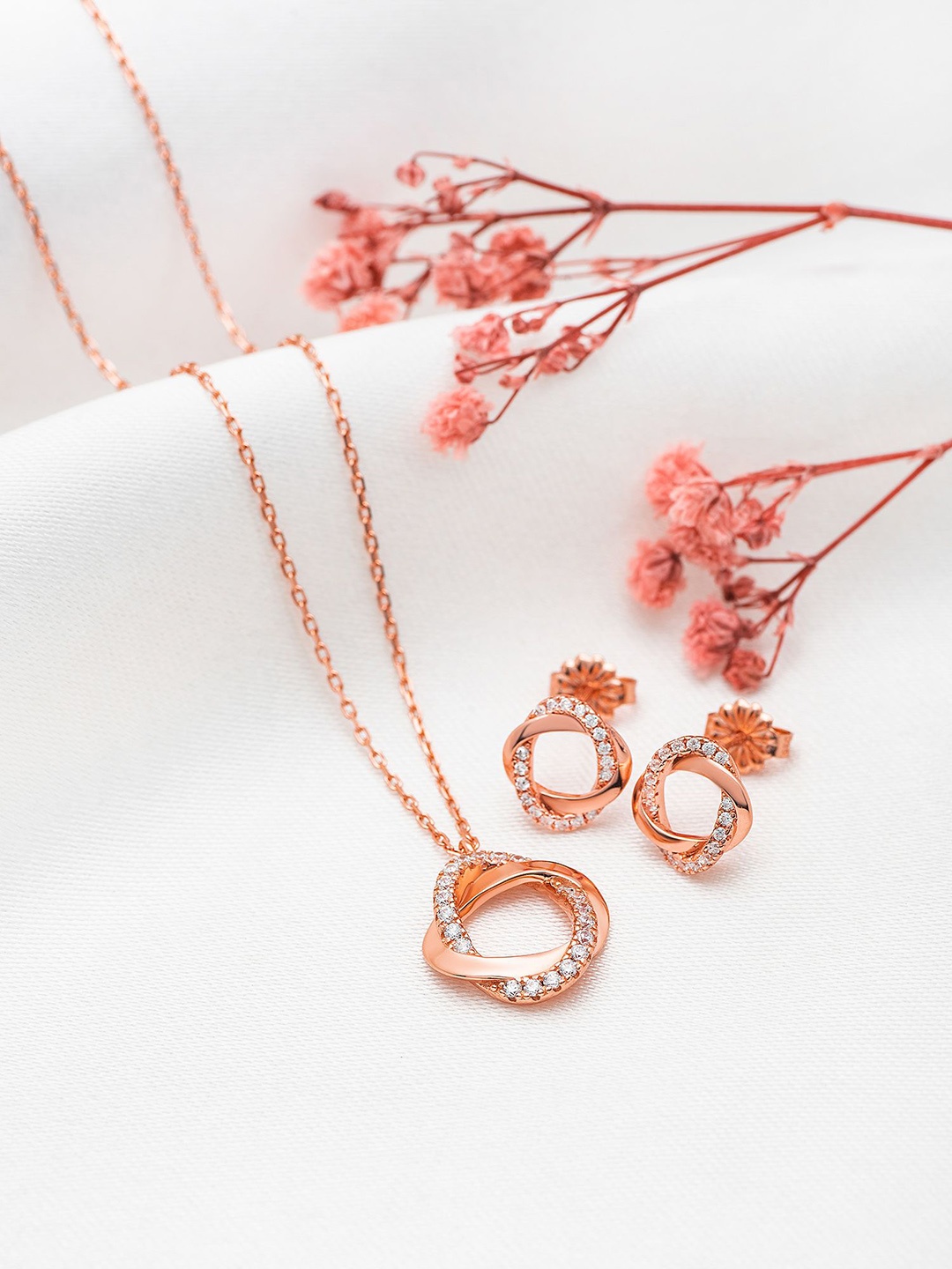 

SILBERRY 925 Sterling Silver Rose Gold-Plated Stone-Studded Jewellery Set