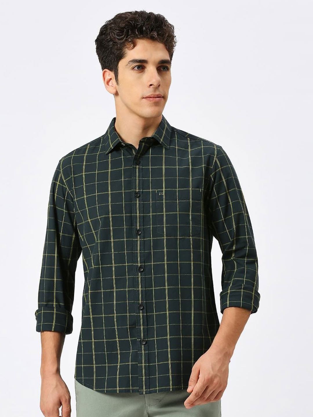

Basics Men Slim Fit Other Checked Cotton Casual Shirt, Green