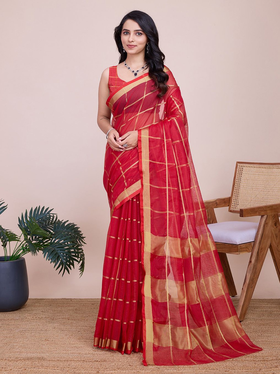 

LEOSAGI Woven Design Zari Silk Cotton Kota Saree, Red