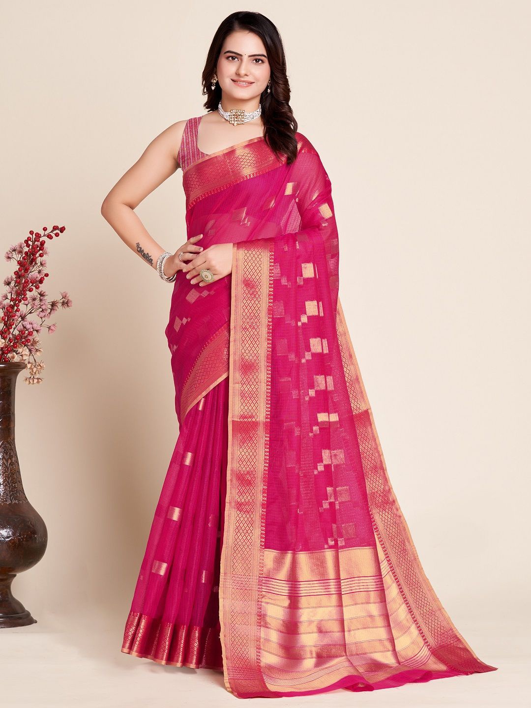 

LEOSAGI Embellished Zari Silk Cotton Kota Saree, Pink
