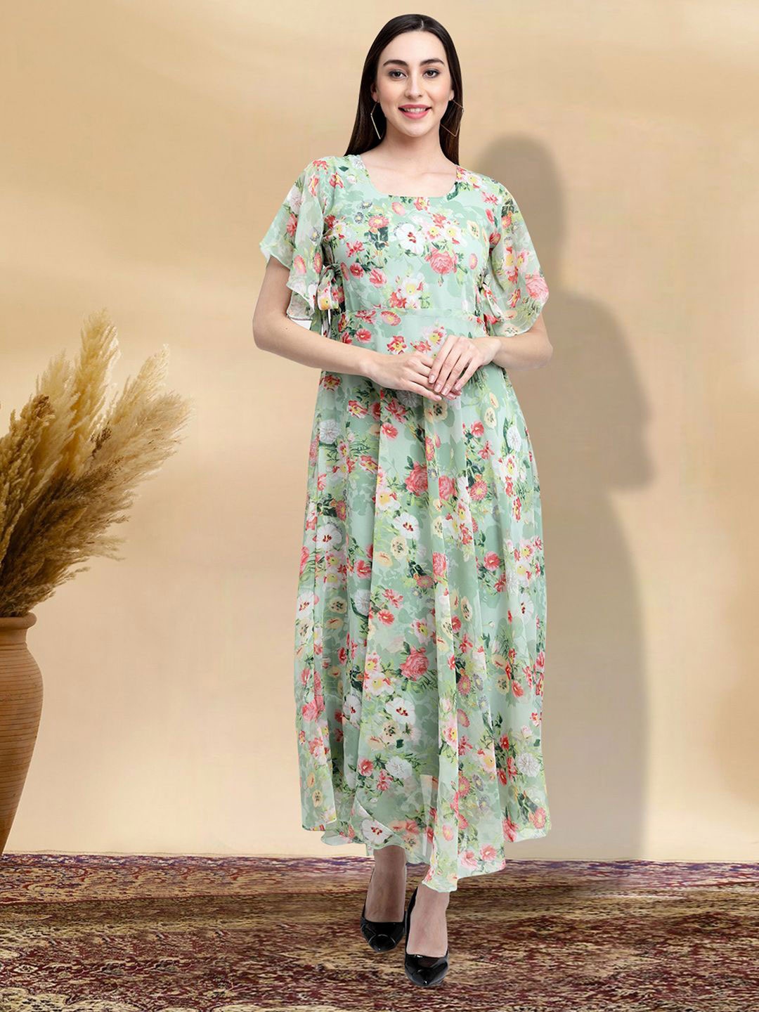 

BAESD Floral Print Applique Fit & Flare Dress, Green