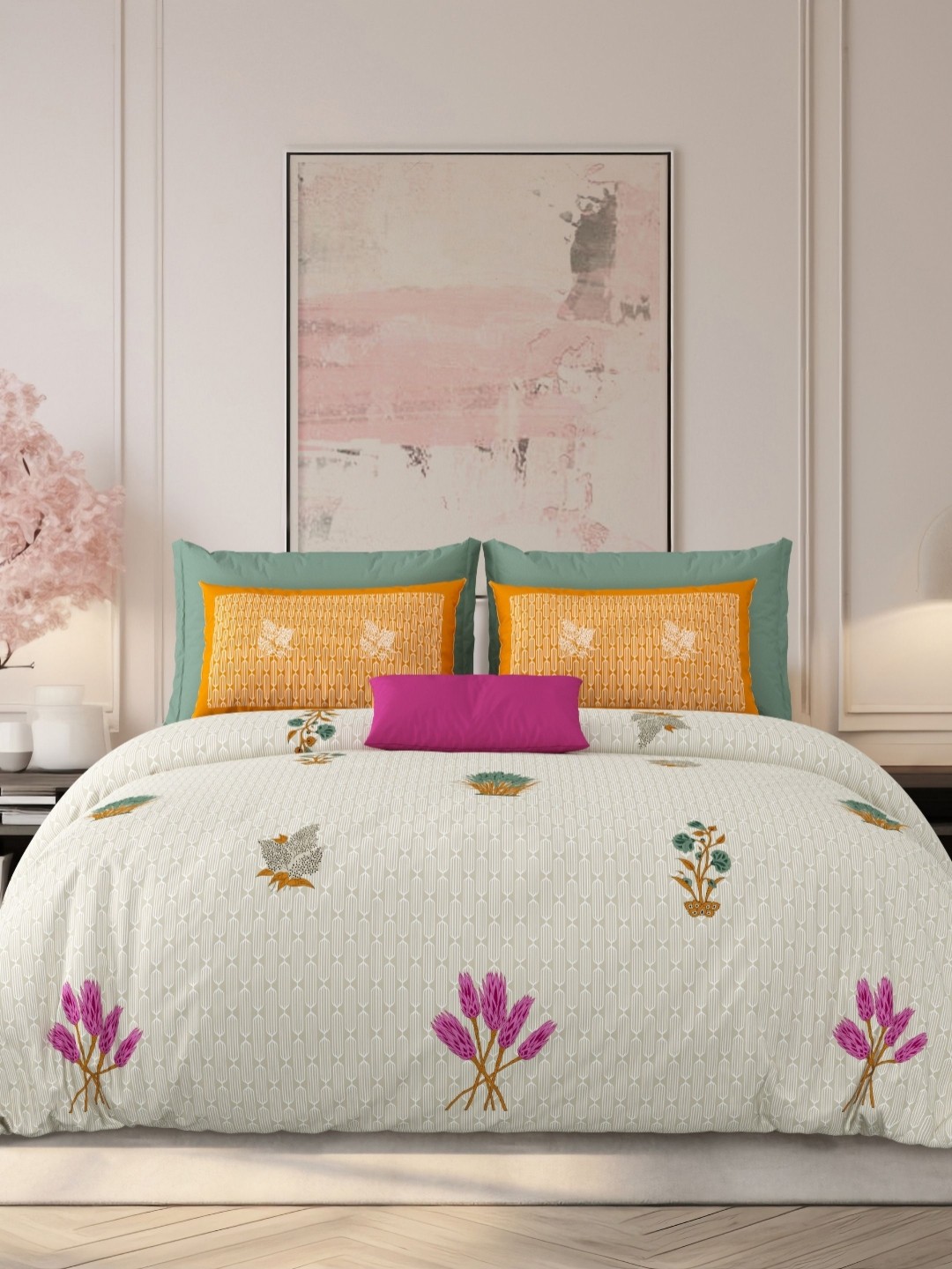 

LIVING ROOTS Brown & White Floral 210 TC Pure Cotton King Bedsheet Set 2.64 m x 2.64 m