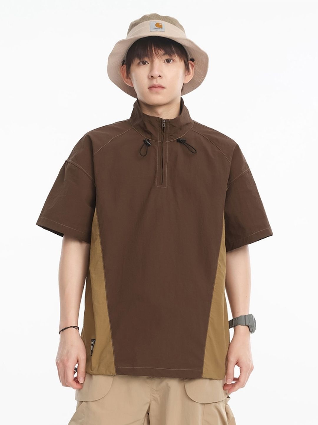 

HERE&NOW Men Colourblocked High Neck Oversized T-shirt, Brown