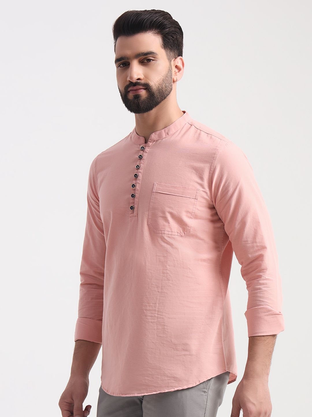 

ENSPYR Men Mandarin Collar Solid Cotton Casual Shirt, Peach