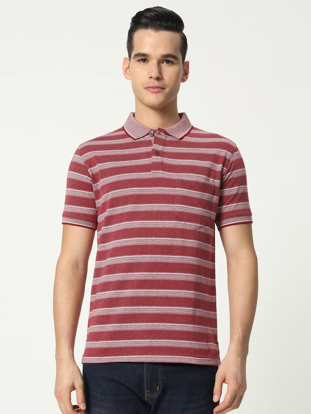 

TAB91 Men Striped Polo Collar Cotton T-shirt, Red