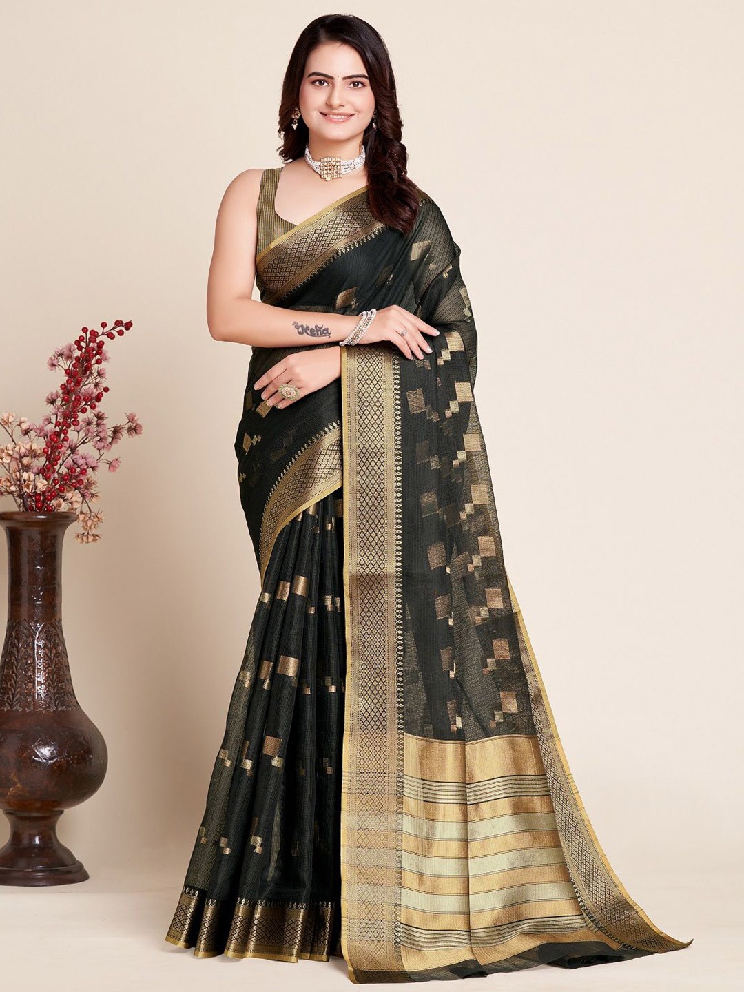 

SHOBHA SAREES Woven Design Zari Silk Cotton Kota Saree, Black