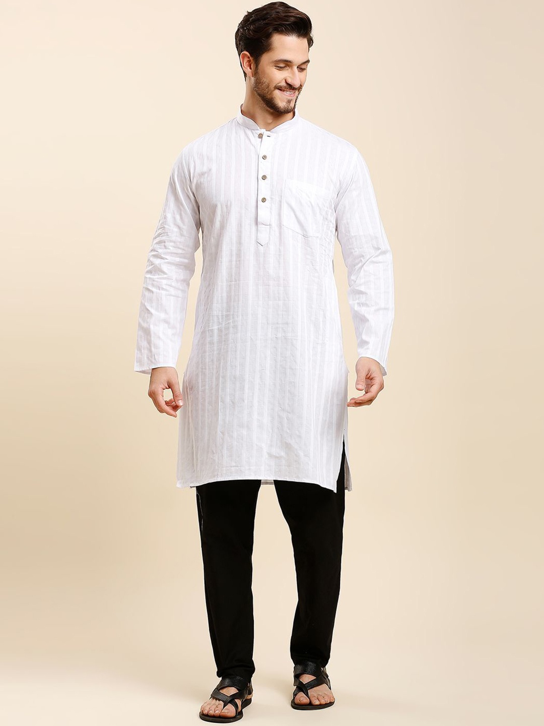 

RAJUBHAI HARGOVINDAS Striped Mandarin Collar Long Sleeves Cotton Straight Kurta, White