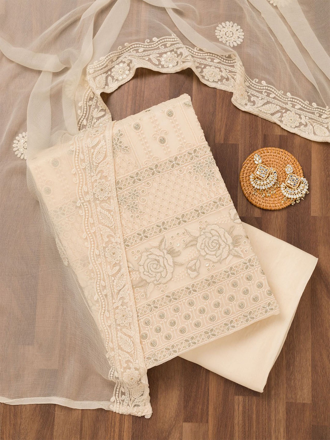 

Koskii Embroidered Unstitched Dress Material, White