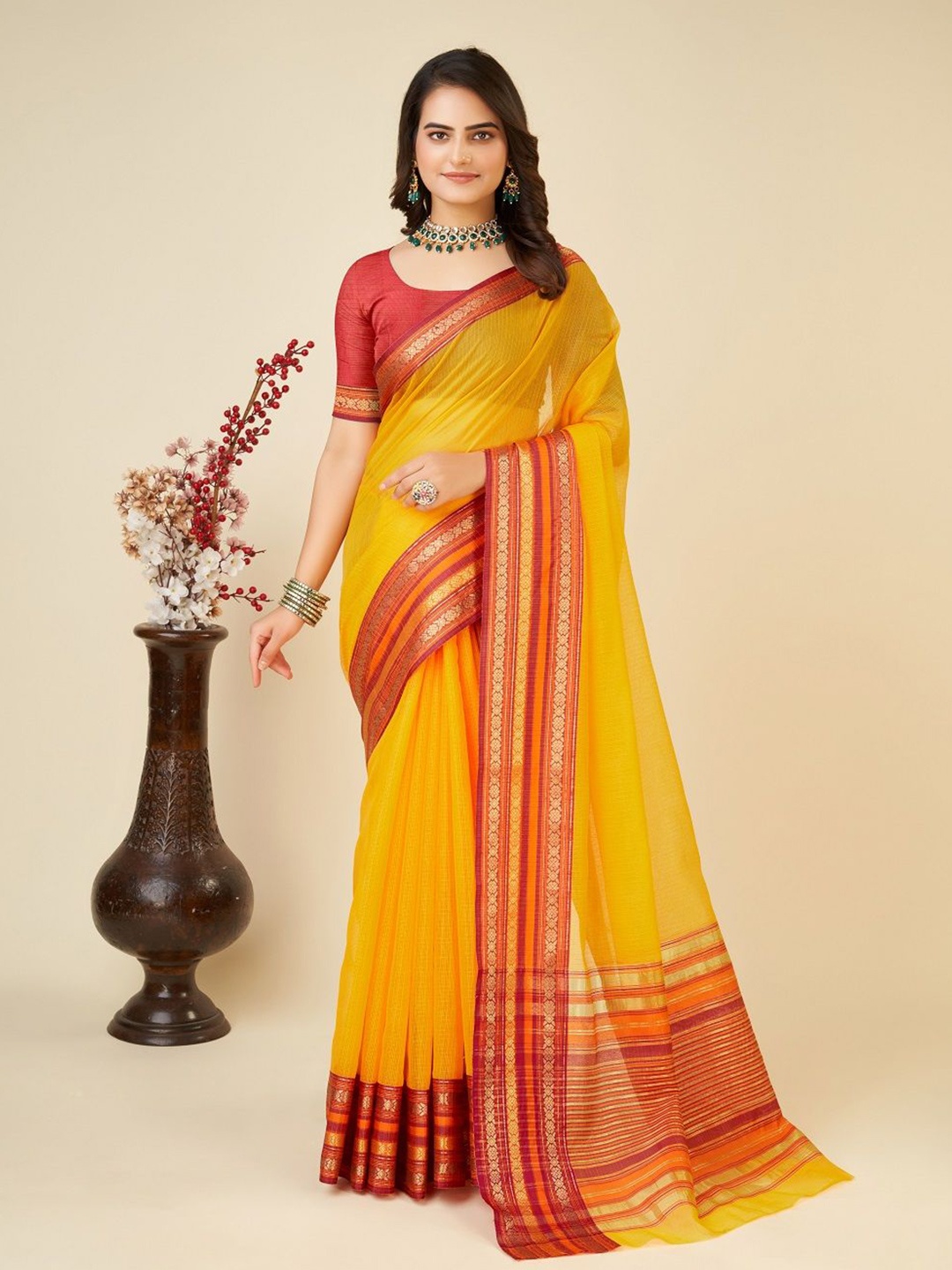 

SHOBHA SAREES Woven Design Zari Silk Cotton Kota Saree, Yellow