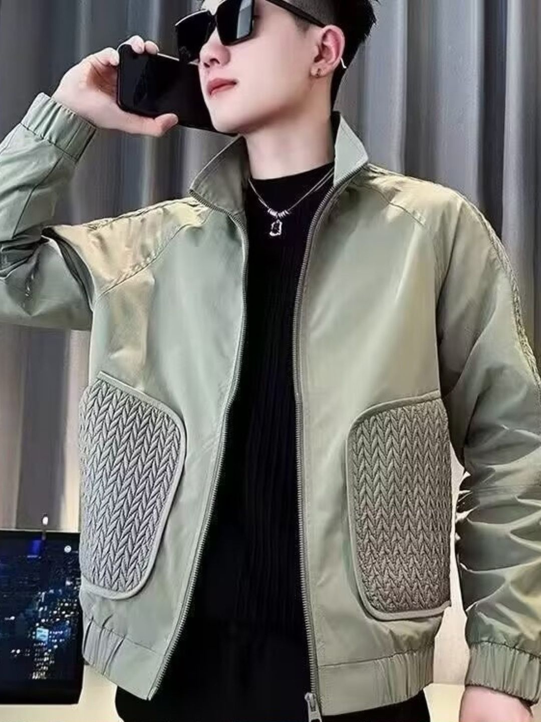 

HERE&NOW Men Spread Collar Self Design Casual Bomber Jacket, Green