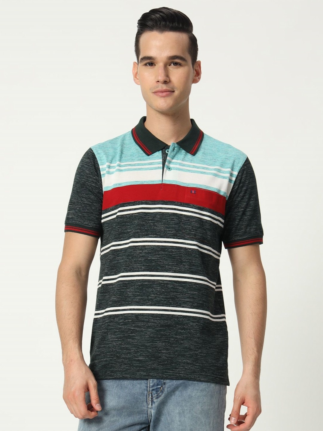 

TAB91 Men Striped Polo Collar Cotton T-shirt, Blue