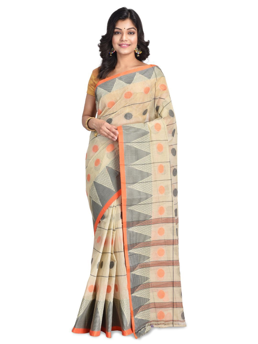 

RAJ SAREE HOUSE Woven Design Pure Cotton Taant Saree, Off white