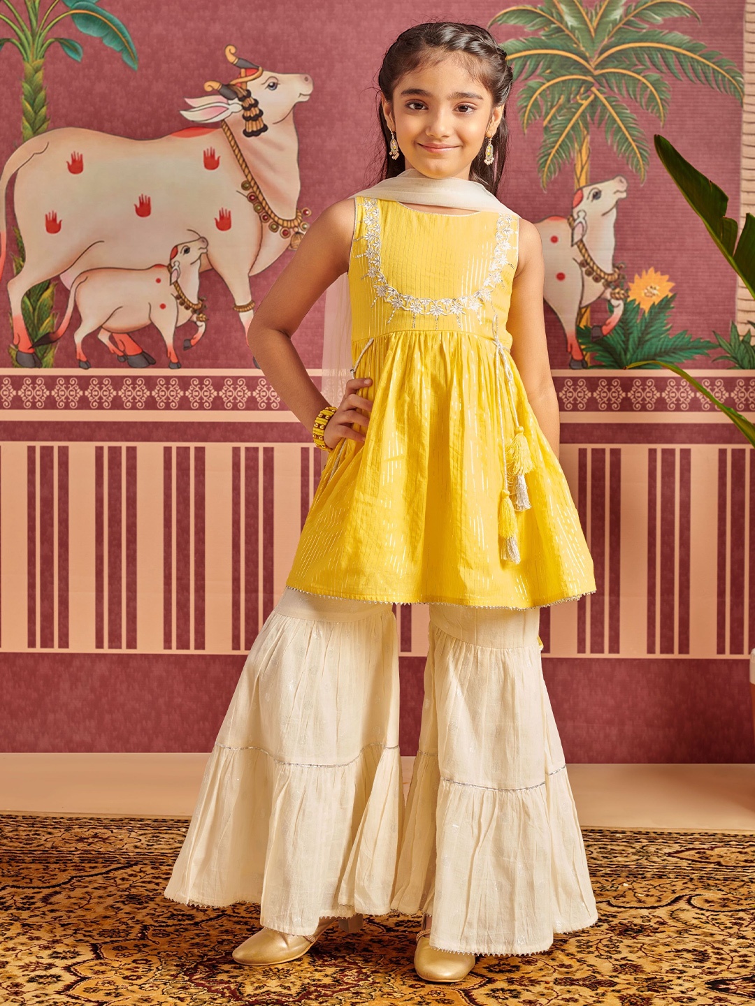 

MASTARANG Girls Striped Embroidered Pure Cotton A-Line Kurti with Sharara & Dupatta, Yellow