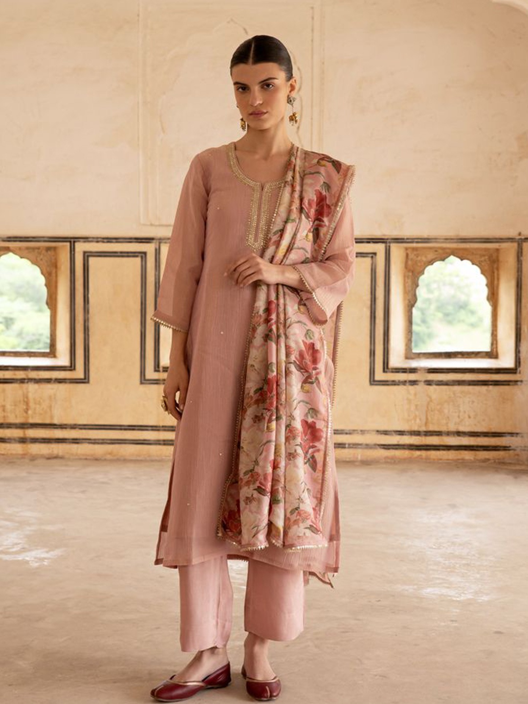 

KARAJ JAIPUR Yoke Design Regular Mirror Work Chanderi Cotton Kurta with Trousers & Dupatta, Pink