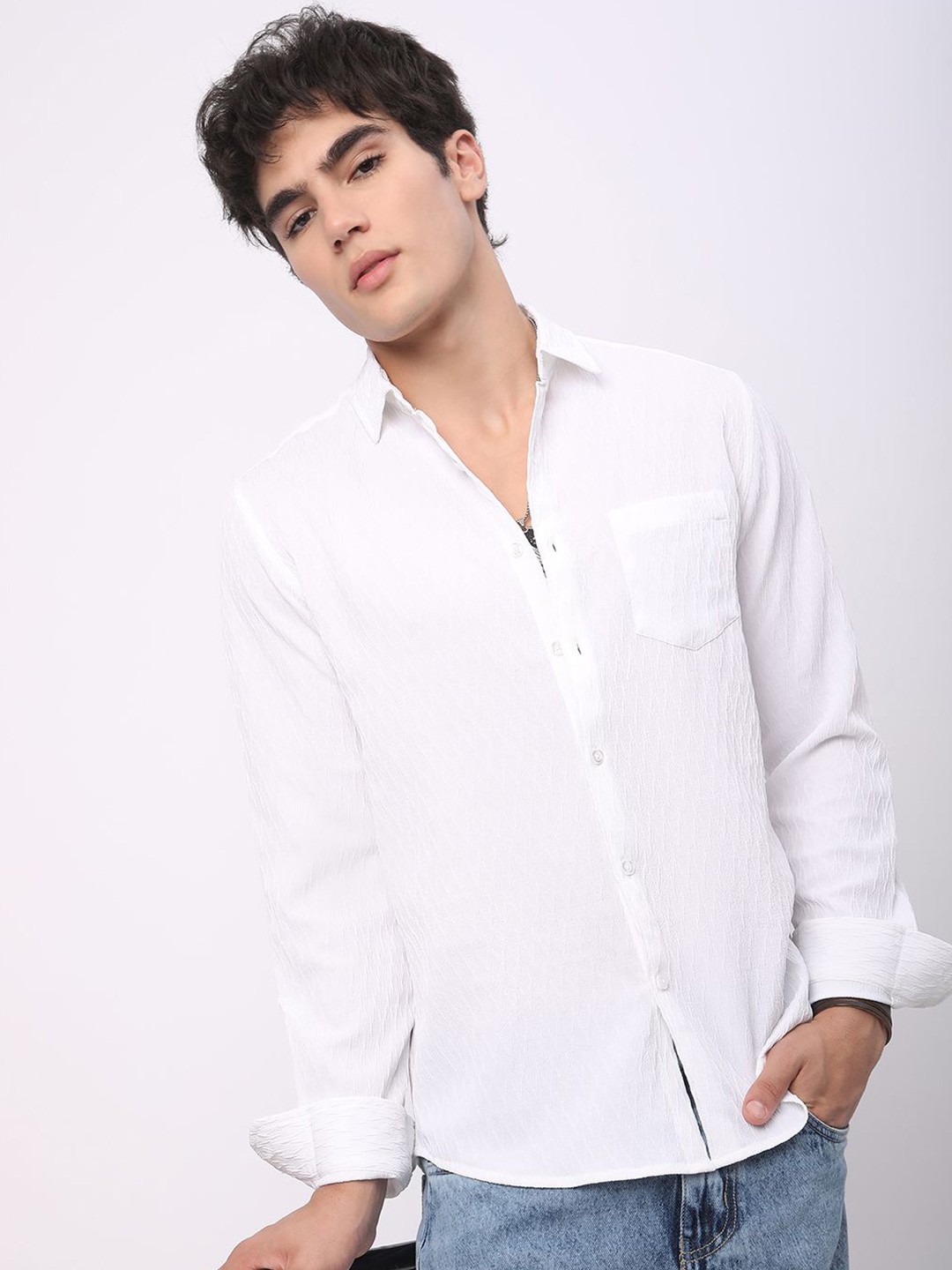 

VASTRADO Men Classic Spread Collar Textured Slim Fit Casual Shirt, White