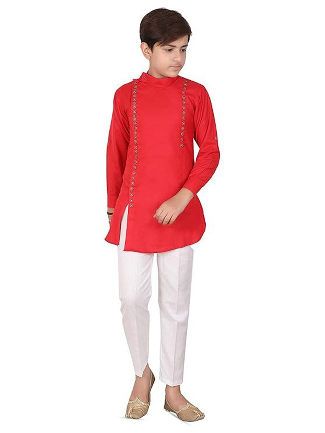 

Eliq Boys Mandarin Collar Pure Cotton Straight Kurta With Pyjamas, Red