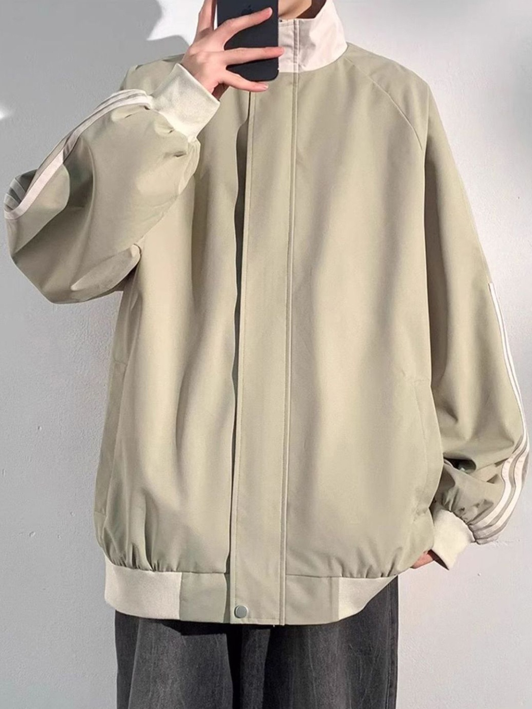 

HERE&NOW Men Spread Collar Striped Casual Bomber Jacket, Beige