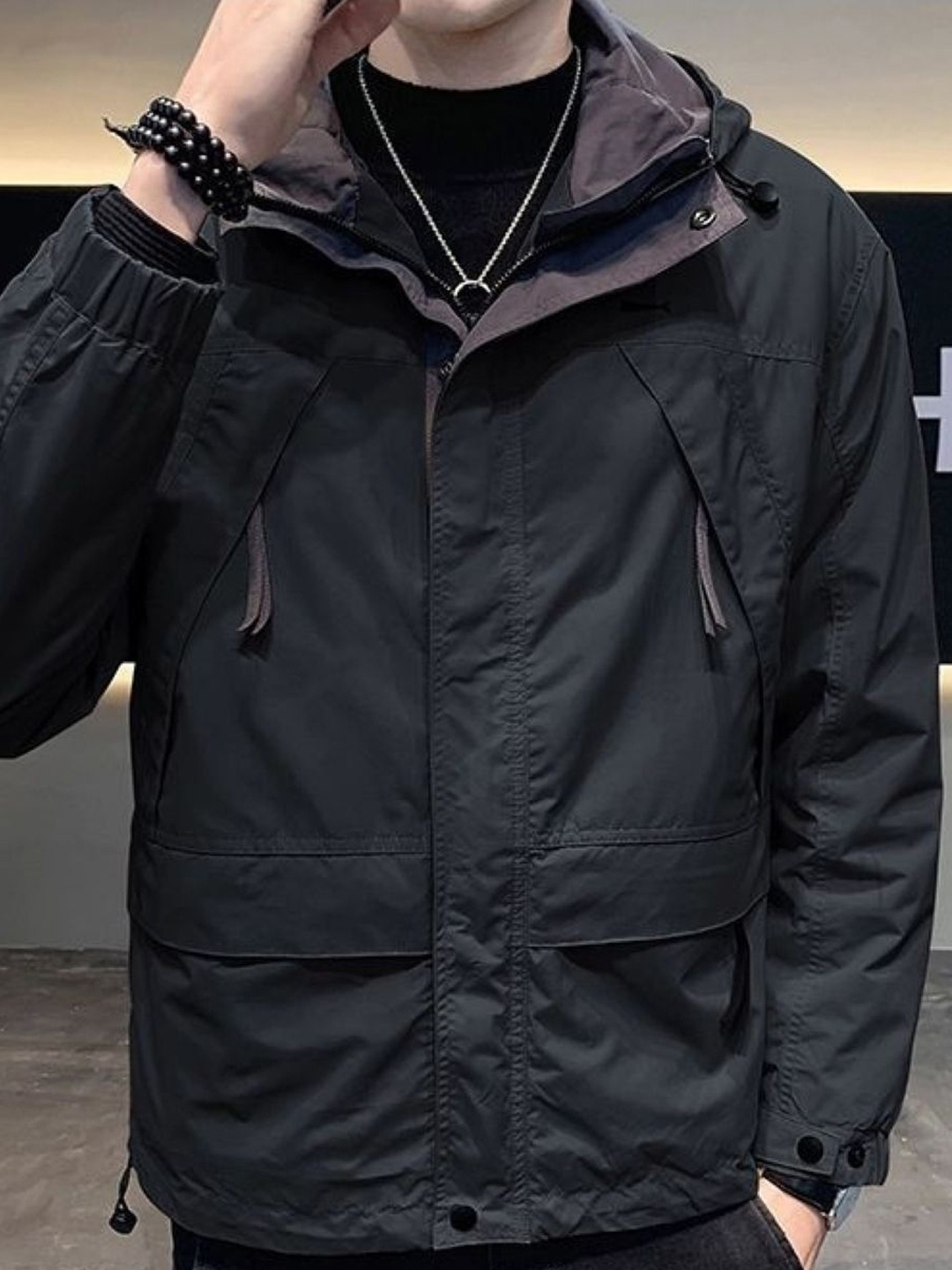 

HERE&NOW Men Hooded Solid Casual Tailored Jacket, Black