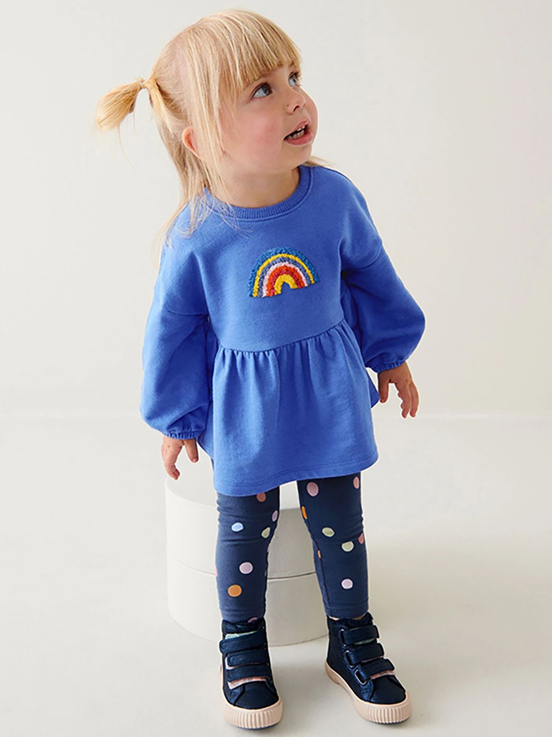 

JC SPARKLE Girls Self Design Round Neck Pure Cotton Top With Leggings, Blue