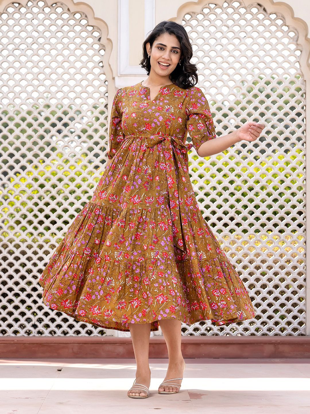 

KALINI Floral Print Puff Sleeve Maxi Dress, Brown