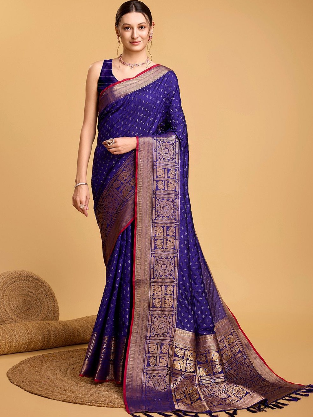 

LEOSAGI Ethnic Motifs Zari Pure Silk Kanjeevaram Saree, Blue