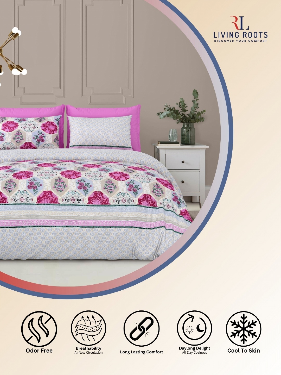 

LIVING ROOTS Pink & White Floral 210 TC King Bedsheet with 2 Pillow Covers