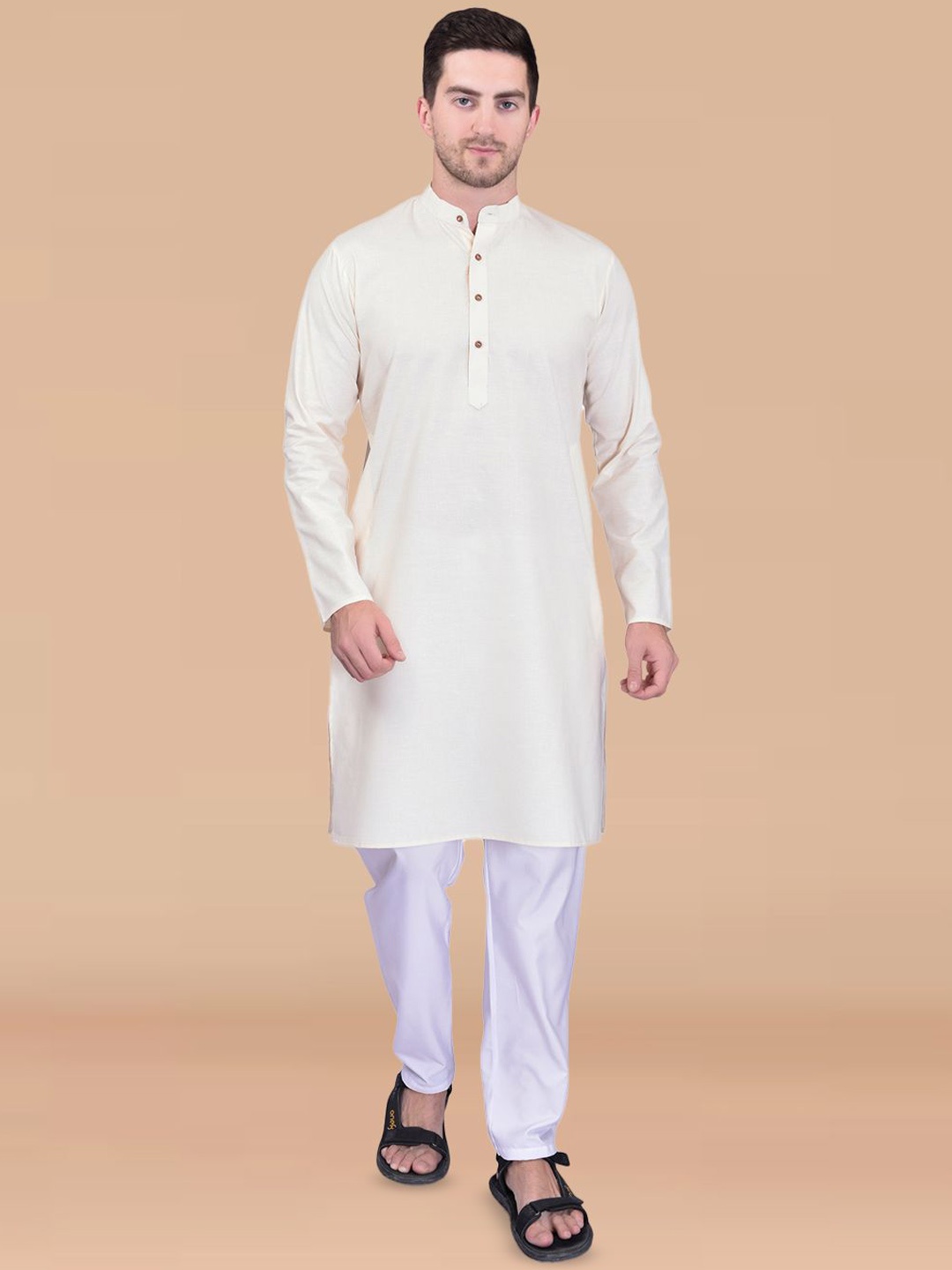 

PRINTINDIA Mandarin Collar Pure Cotton Kurta with Trousers, Cream