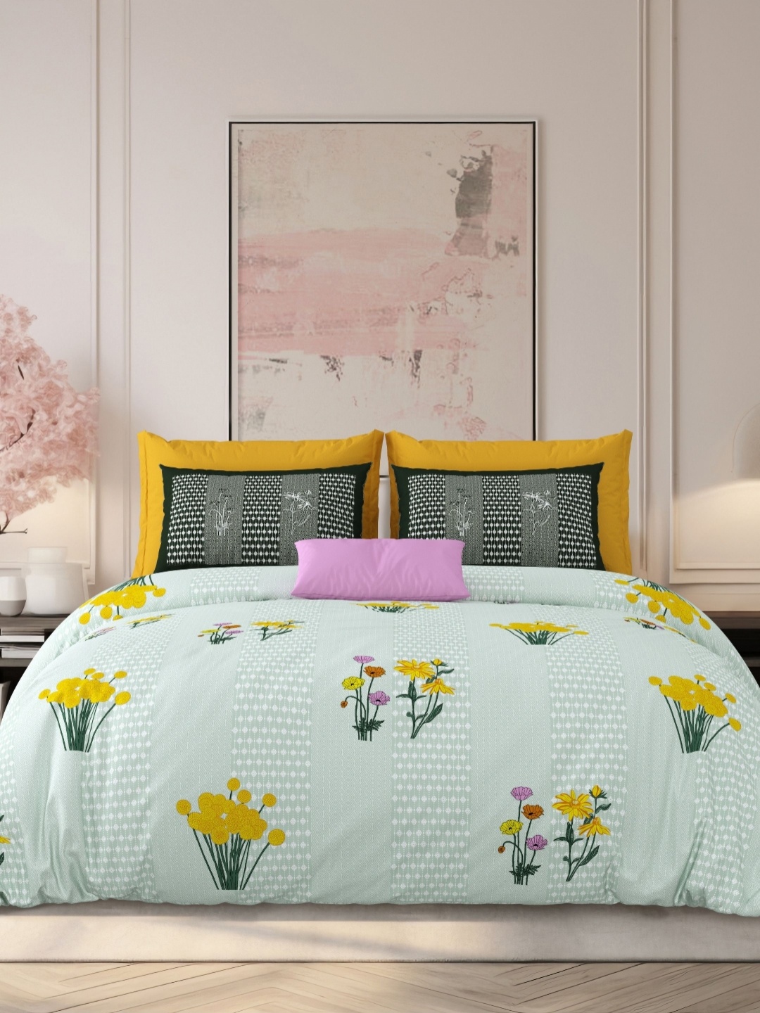 

LIVING ROOTS Green & Yellow Floral 210 TC King Bedsheet with 2 Pillow Covers