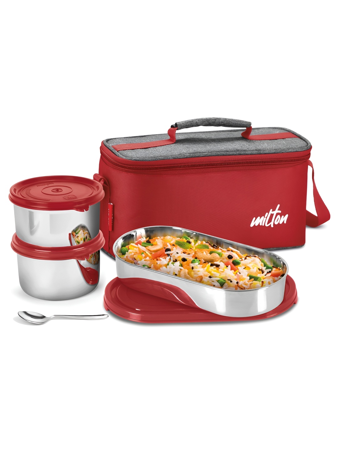

Milton Steel Smart Lunch Box 2 Inner Steel 500ml each & 1 Oval Container with Spoon & Bag, Red