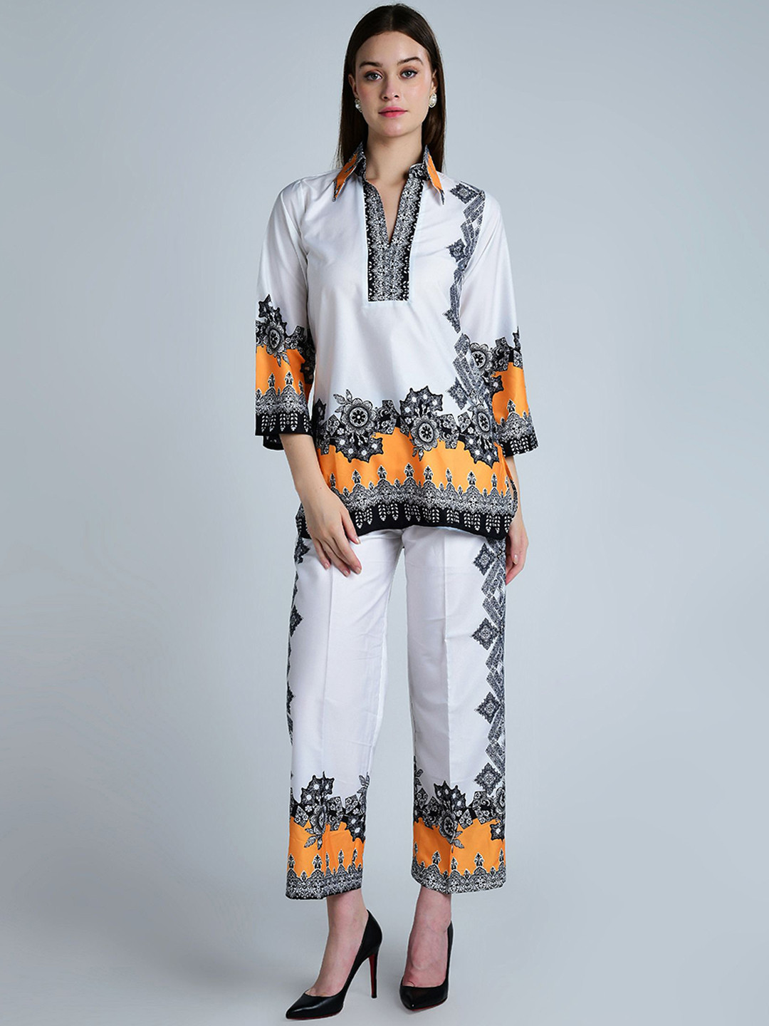 

MQ Marquino Floral Printed Shirt Collar Casual Tunic With Palazzos, White