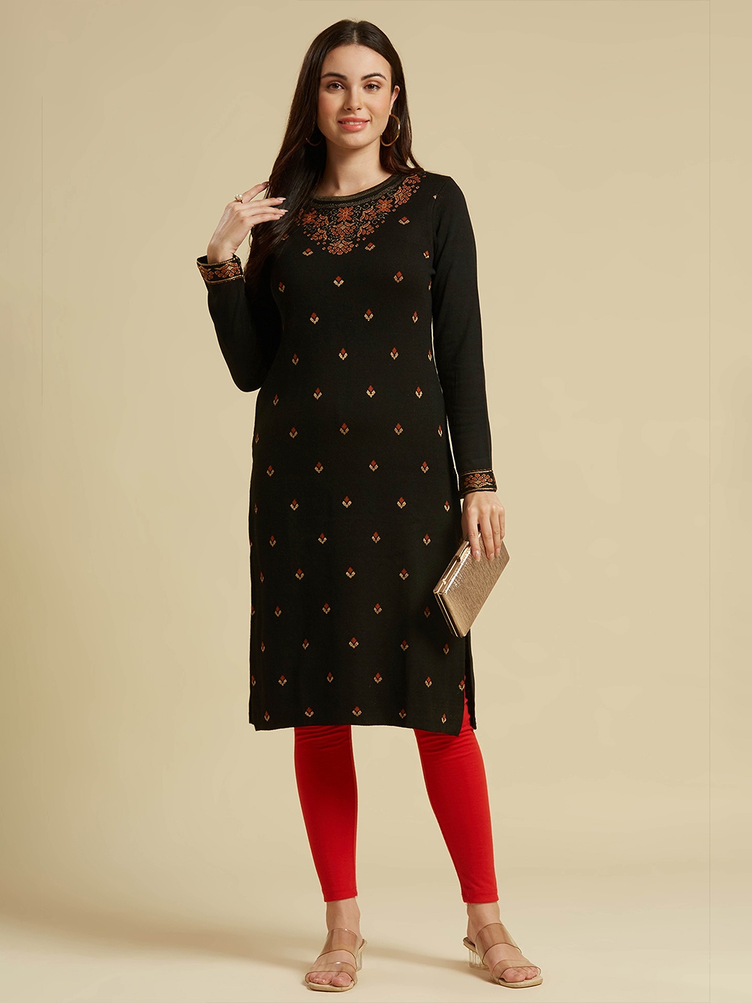 

Peachmode Woven Design Woolen Straight Kurti, Black